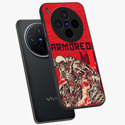 Crimson Mecha Titan Glass Case displayed in angled mockup highlighting futuristic mech illustration with bold crimson aesthetic.