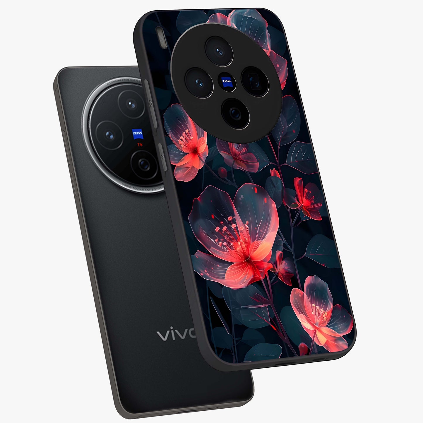 Dark Shade of Flower Glass Case displayed in angled mockup highlighting moody floral illustration with aesthetic dark tones.