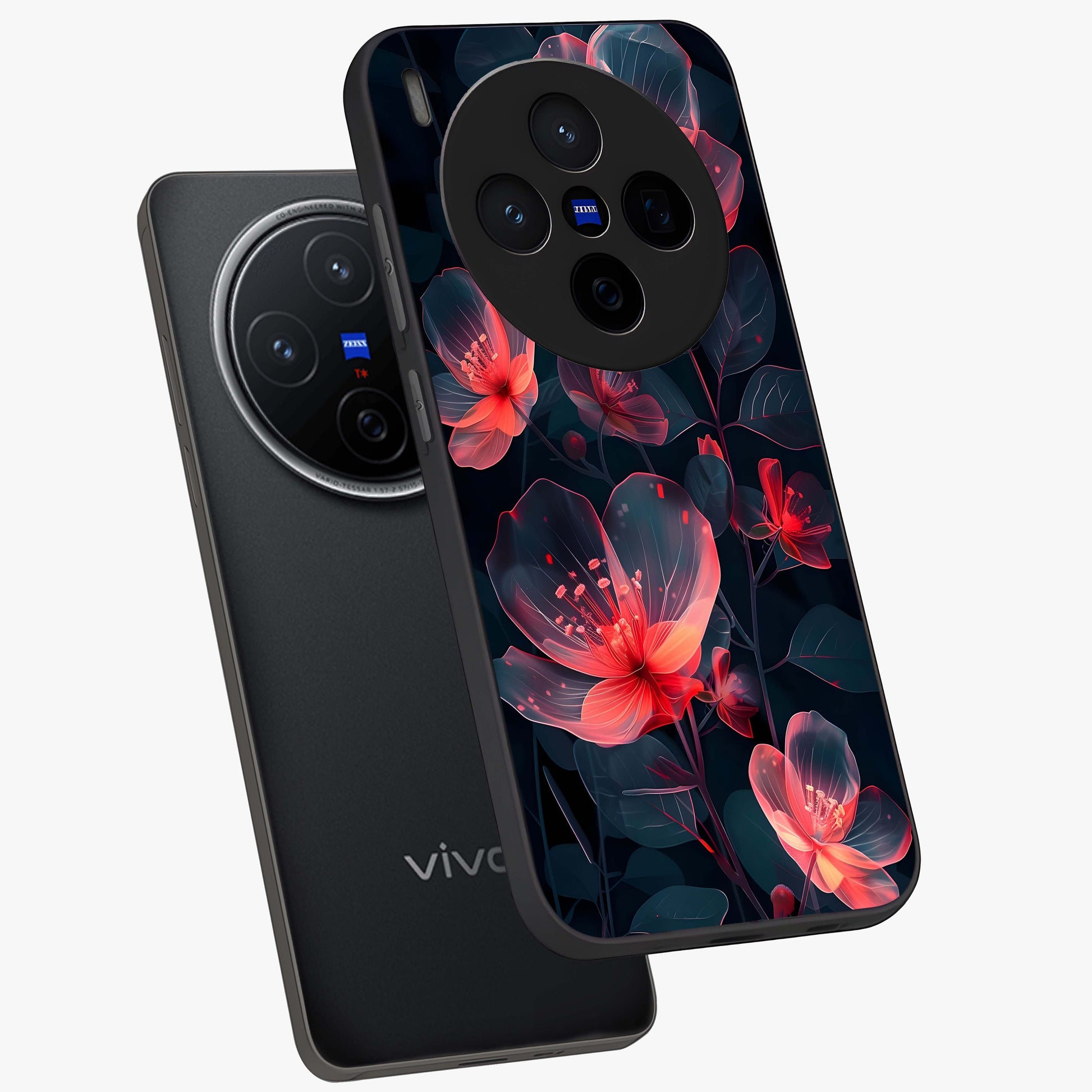 Dark Shade of Flower Glass Case displayed in angled mockup highlighting moody floral illustration with aesthetic dark tones.
