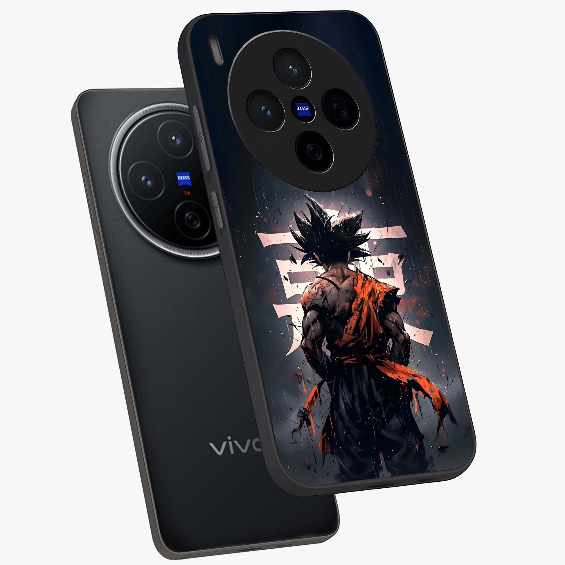 Dark Warrior In Rain Glass Case displayed in angled mockup highlighting dramatic warrior illustration with dark rain aesthetic.