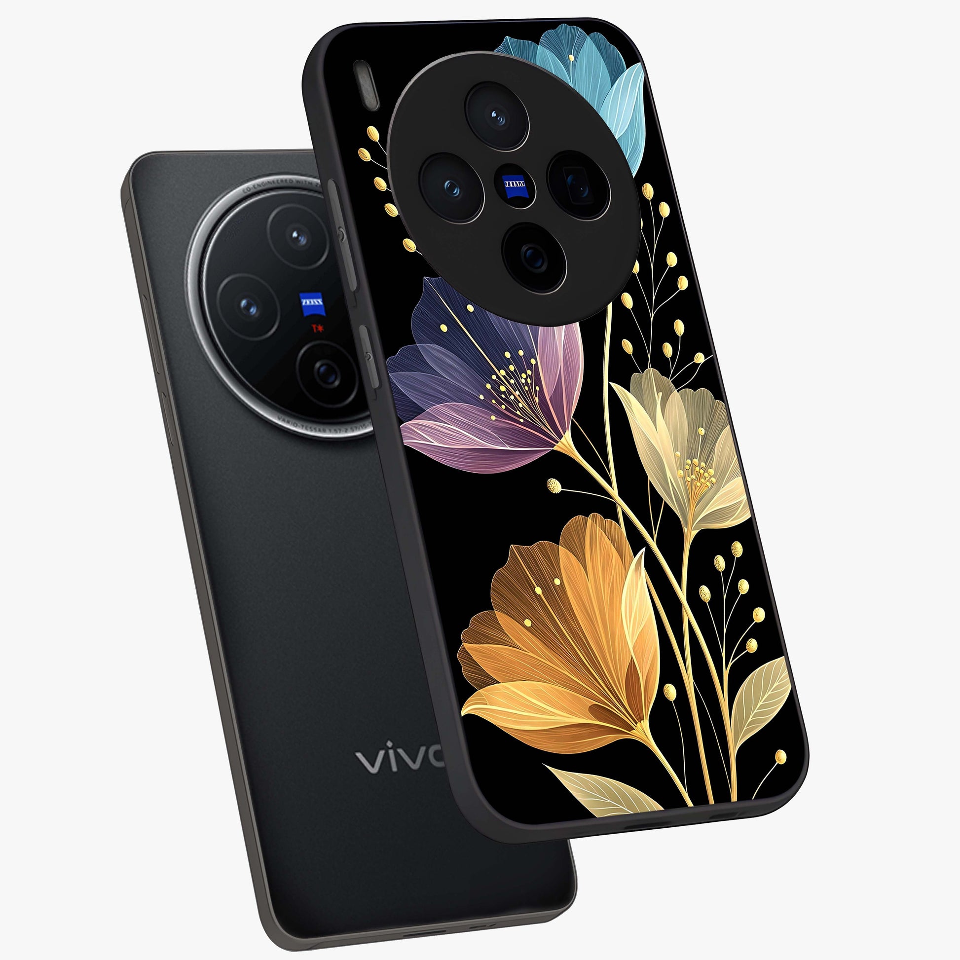 Delicate Multicolor Flowers Glass Case displayed in angled mockup highlighting colorful flower pattern with soft aesthetic style.