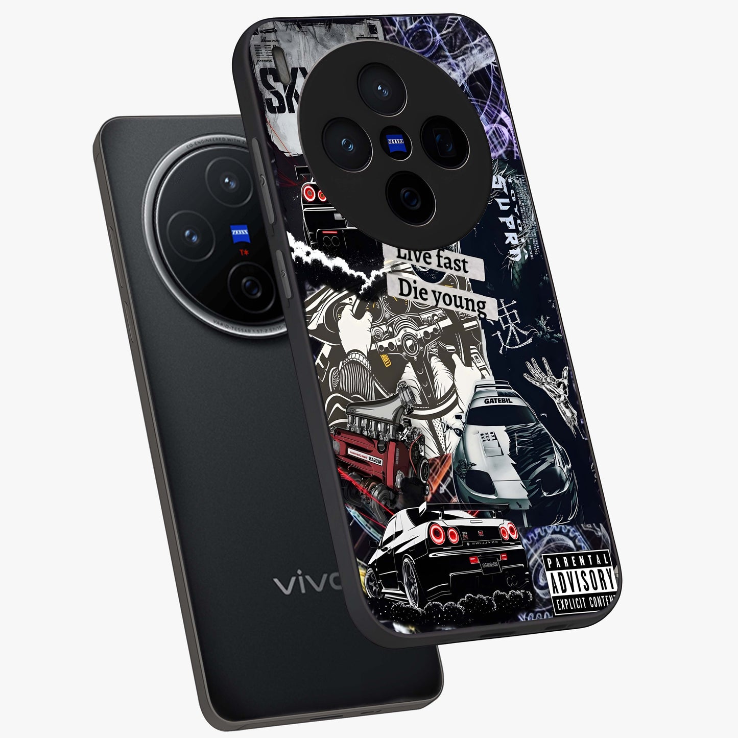 Die Young Glass Case displayed in angled mockup highlighting expressive graphic artwork with edgy aesthetic style.