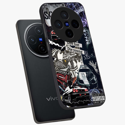 Die Young Glass Case displayed in angled mockup highlighting expressive graphic artwork with edgy aesthetic style.