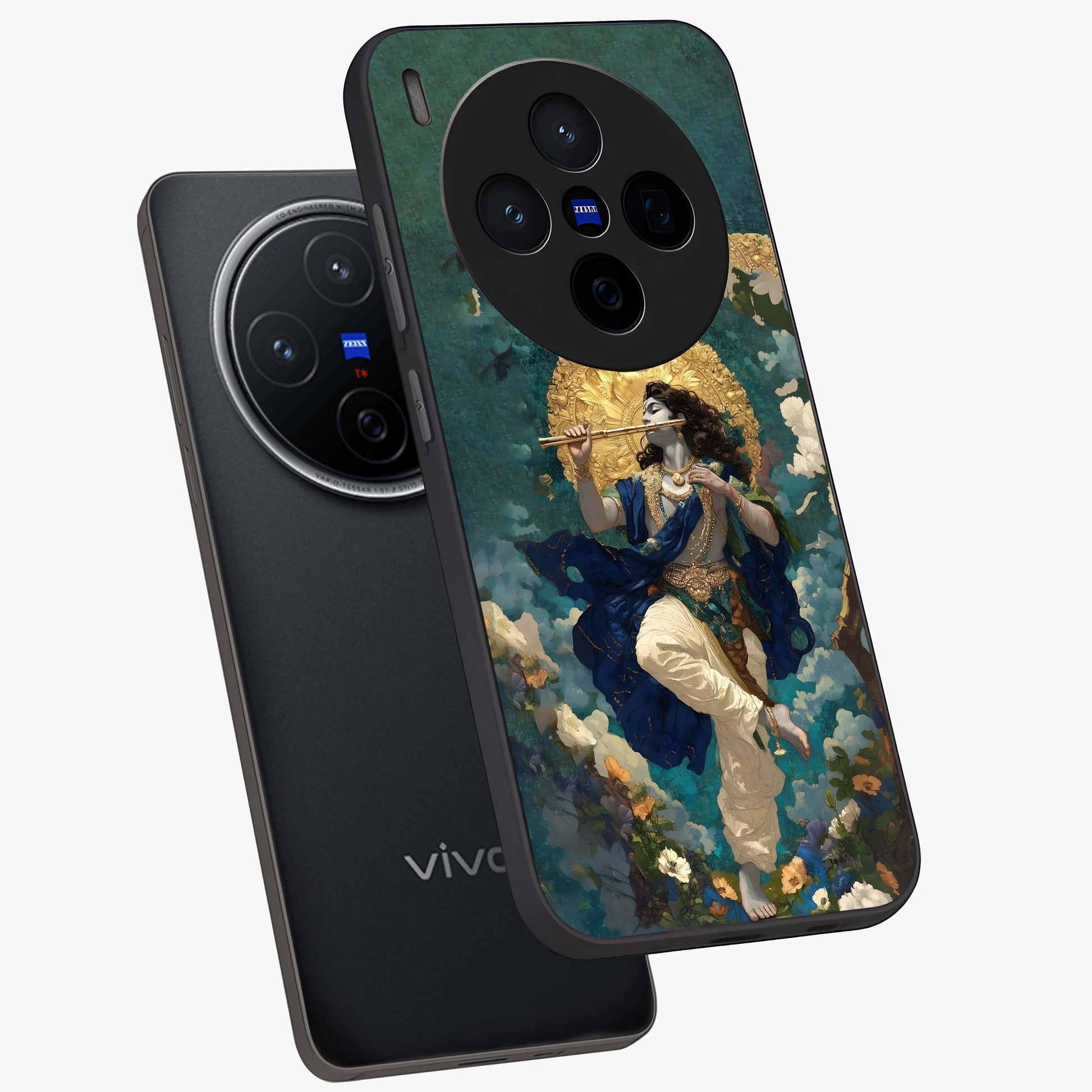 Divine Krishna Art Glass Case displayed in angled mockup highlighting spiritual Krishna illustration with devotional aesthetic.