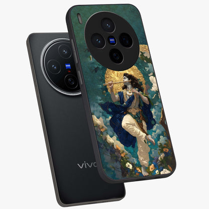 Divine Krishna Art Glass Case displayed in angled mockup highlighting spiritual Krishna illustration with devotional aesthetic.