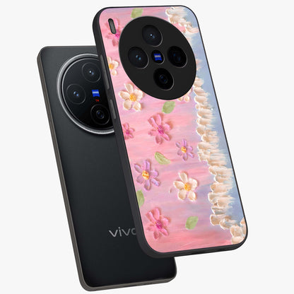 Dreamy Painted Garden Glass Case displayed in angled mockup highlighting colorful garden illustration with dreamy aesthetic style.
