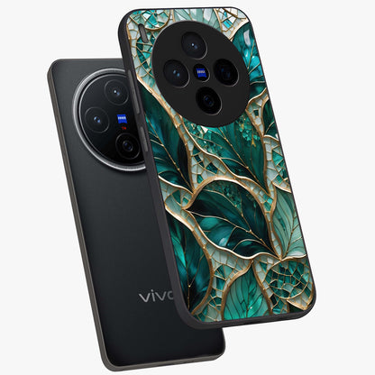 Emerald Leaf Glass Glass Case displayed in angled mockup highlighting botanical leaf illustration with elegant natural aesthetic.