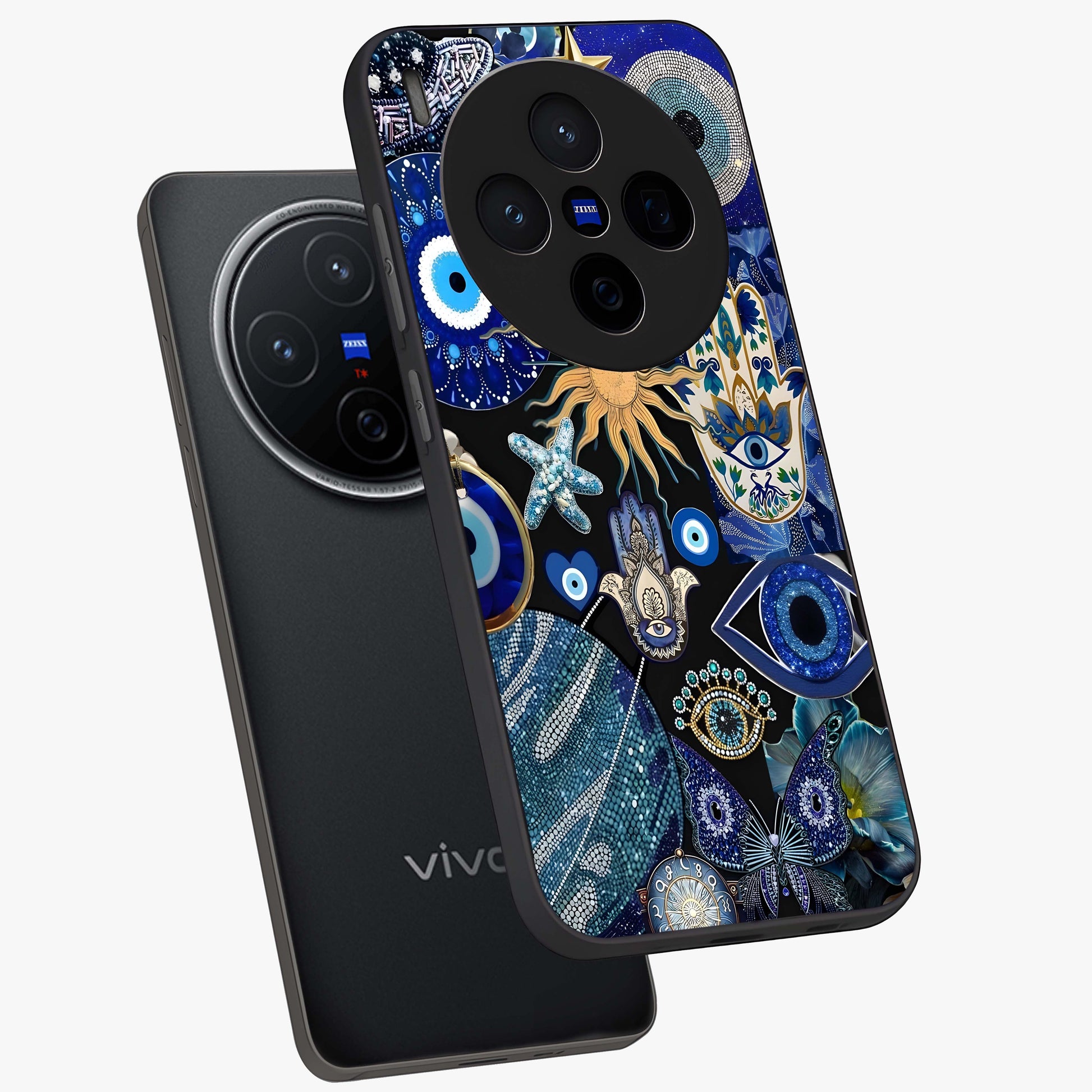 Evil Eye Charm Mix Glass Case displayed in angled mockup highlighting protective evil eye symbols with spiritual aesthetic design.
