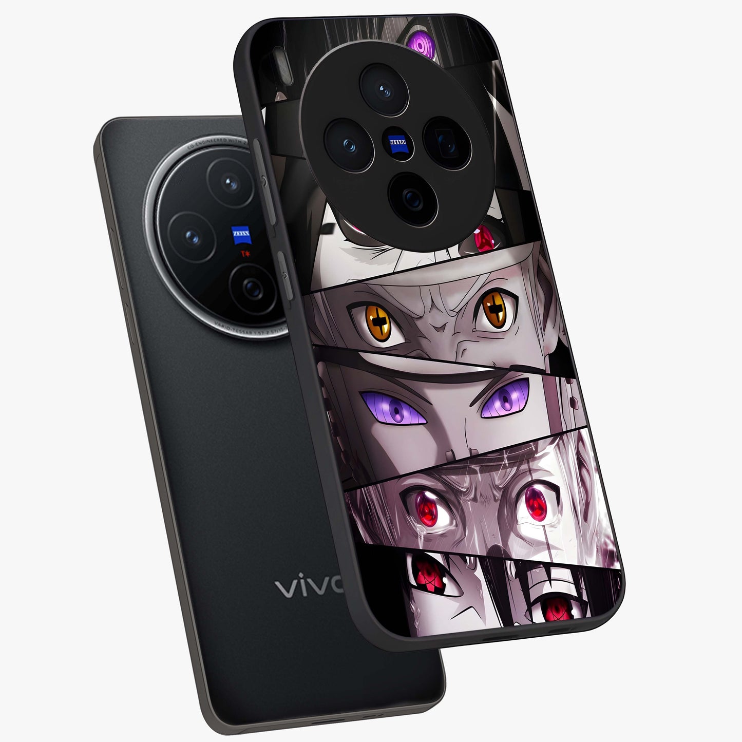 Eyes of Destiny Glass Case displayed in angled mockup highlighting bold eye illustration with mystical aesthetic style.