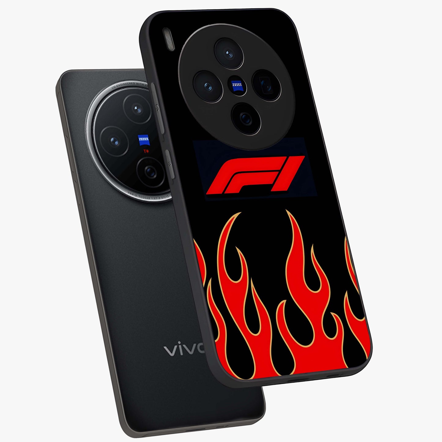 Fire F11 Glass Case displayed in angled mockup highlighting bold fire inspired graphic with energetic aesthetic style.
