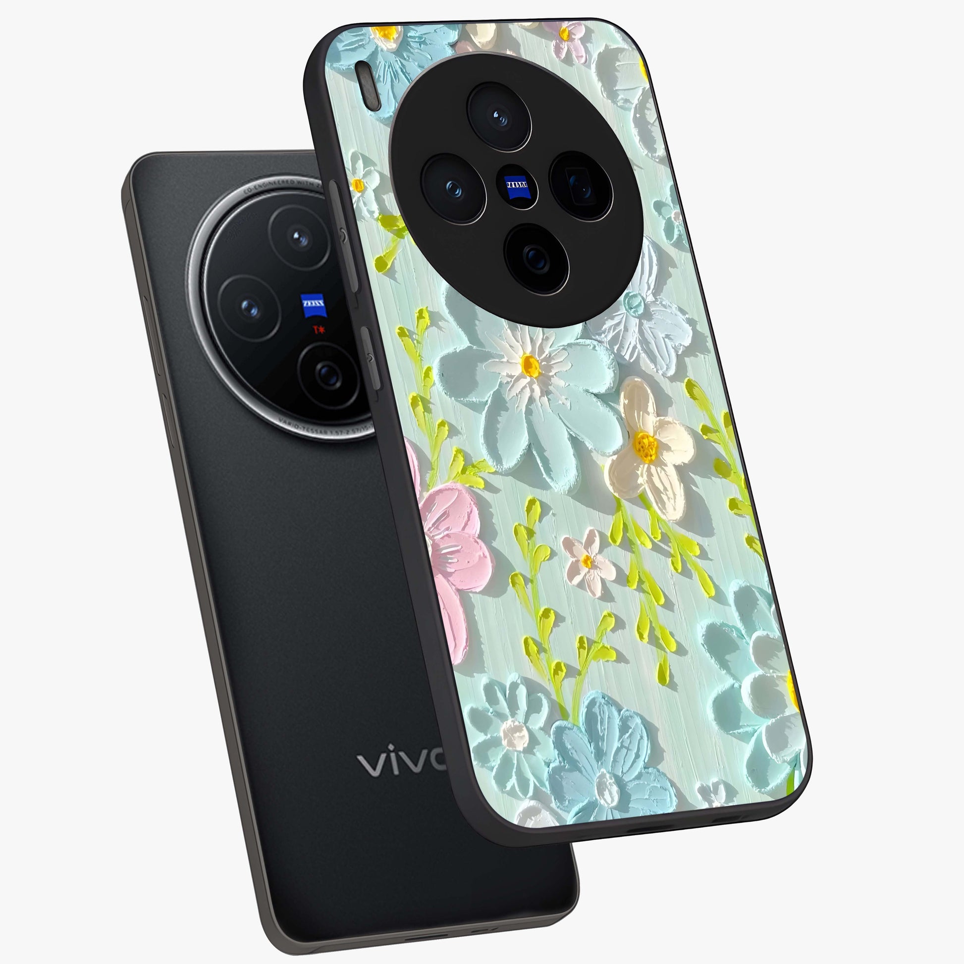 Frosted Petal Garden Glass Case displayed in angled mockup highlighting delicate flower petal design with calm garden aesthetic.