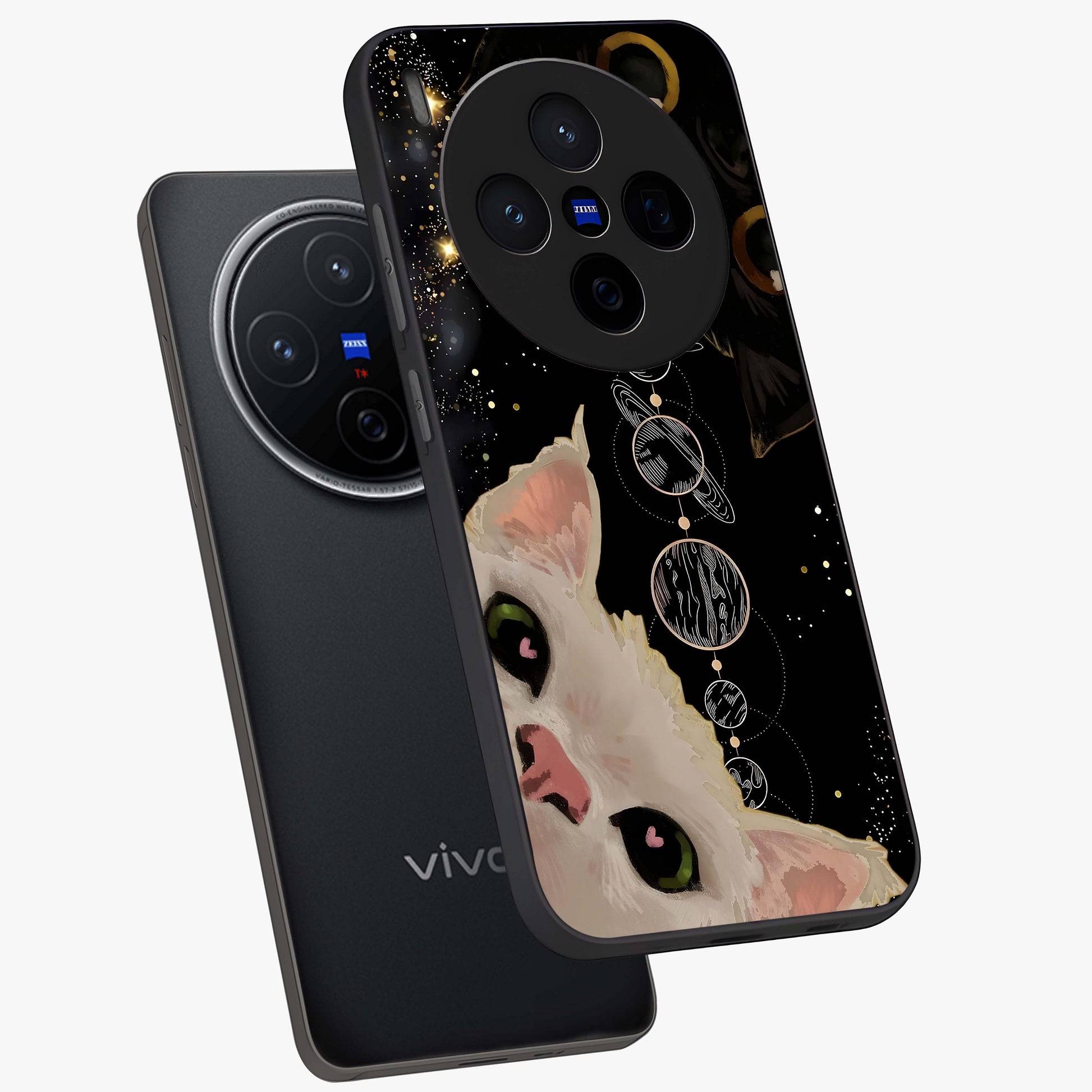 Galactic Cat Glass Case displayed in angled mockup highlighting celestial feline illustration with galaxy aesthetic style.