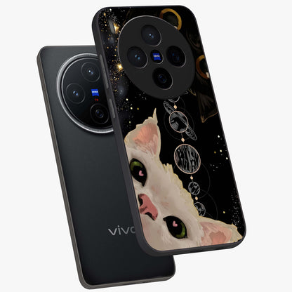 Galactic Cat Glass Case displayed in angled mockup highlighting celestial feline illustration with galaxy aesthetic style.