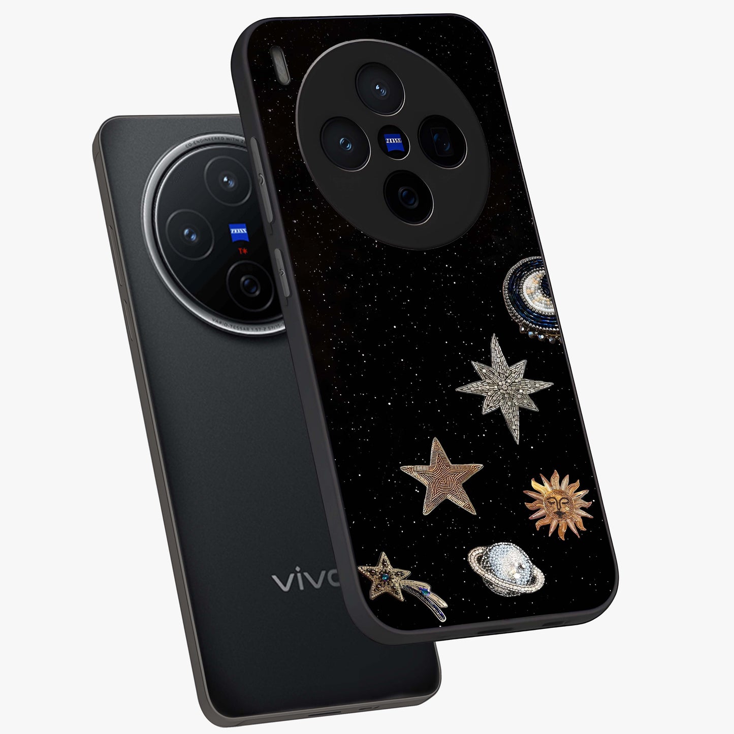 Galactic Charm Glow Glass Case displayed in angled mockup highlighting luminous galaxy inspired design with dreamy aesthetic.