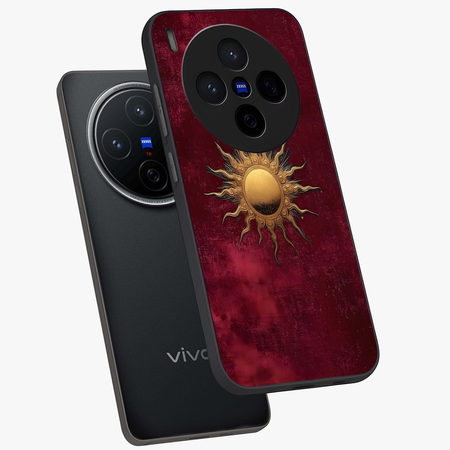 Golden Sun Minimalism Glass Case displayed in angled mockup highlighting clean sun symbol design with modern minimal aesthetic.