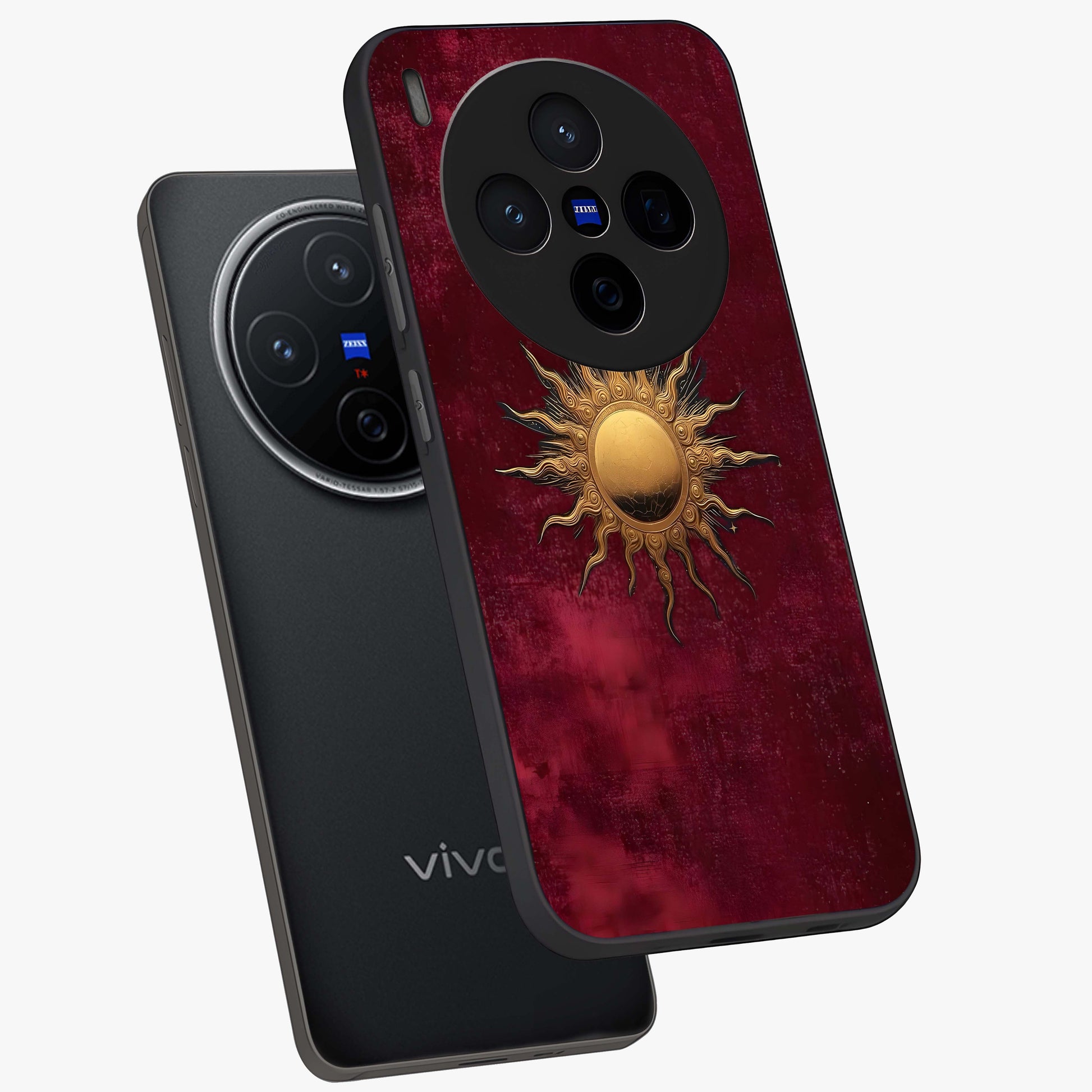 Golden Sun Minimalism Glass Case displayed in angled mockup highlighting clean sun symbol design with modern minimal aesthetic.