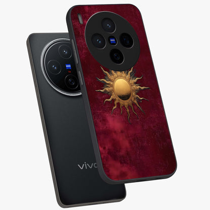 Golden Sun Minimalism Glass Case displayed in angled mockup highlighting clean sun symbol design with modern minimal aesthetic.