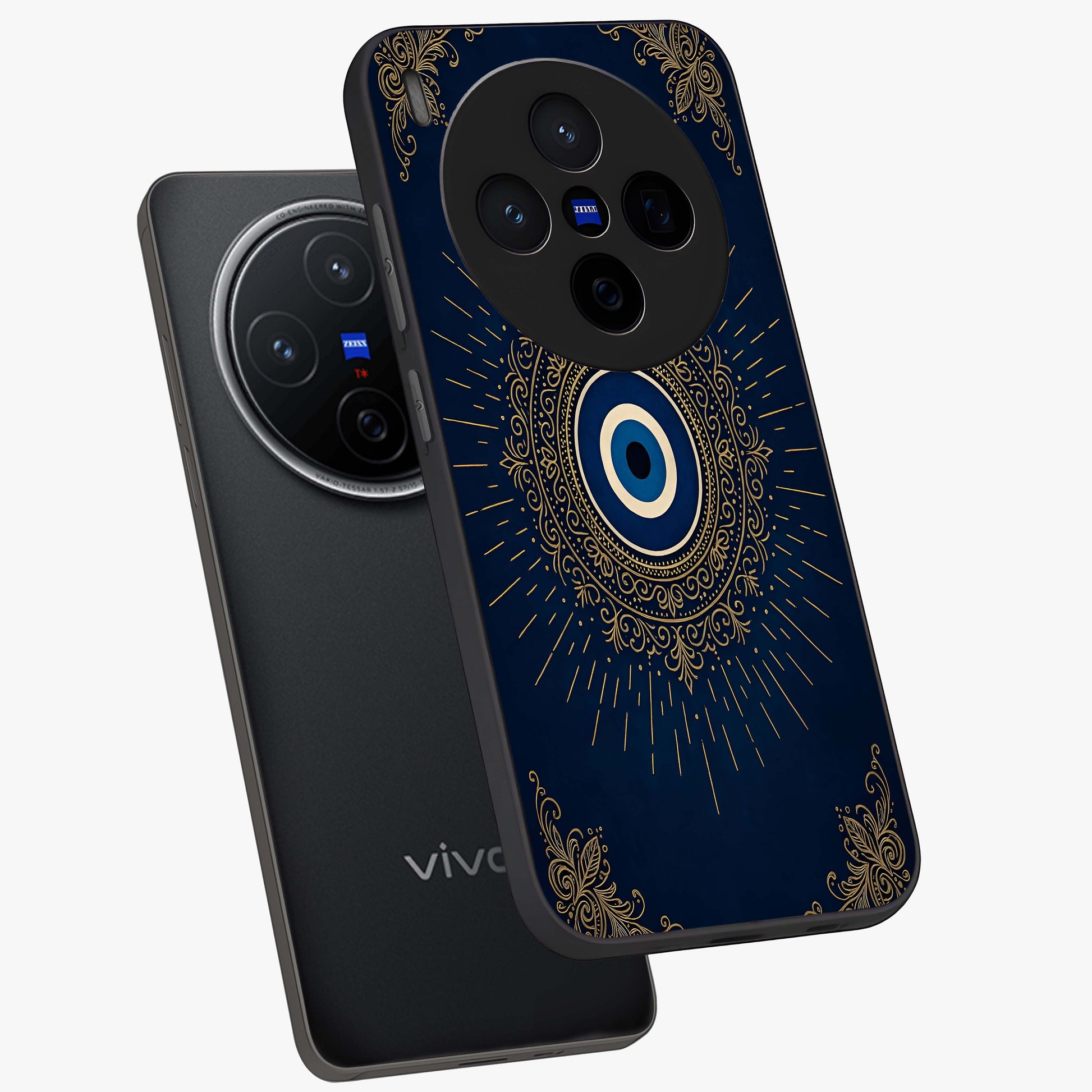 Golden Celestial Charm Glass Case displayed in angled mockup highlighting sparkling cosmic charm design with celestial aesthetic.