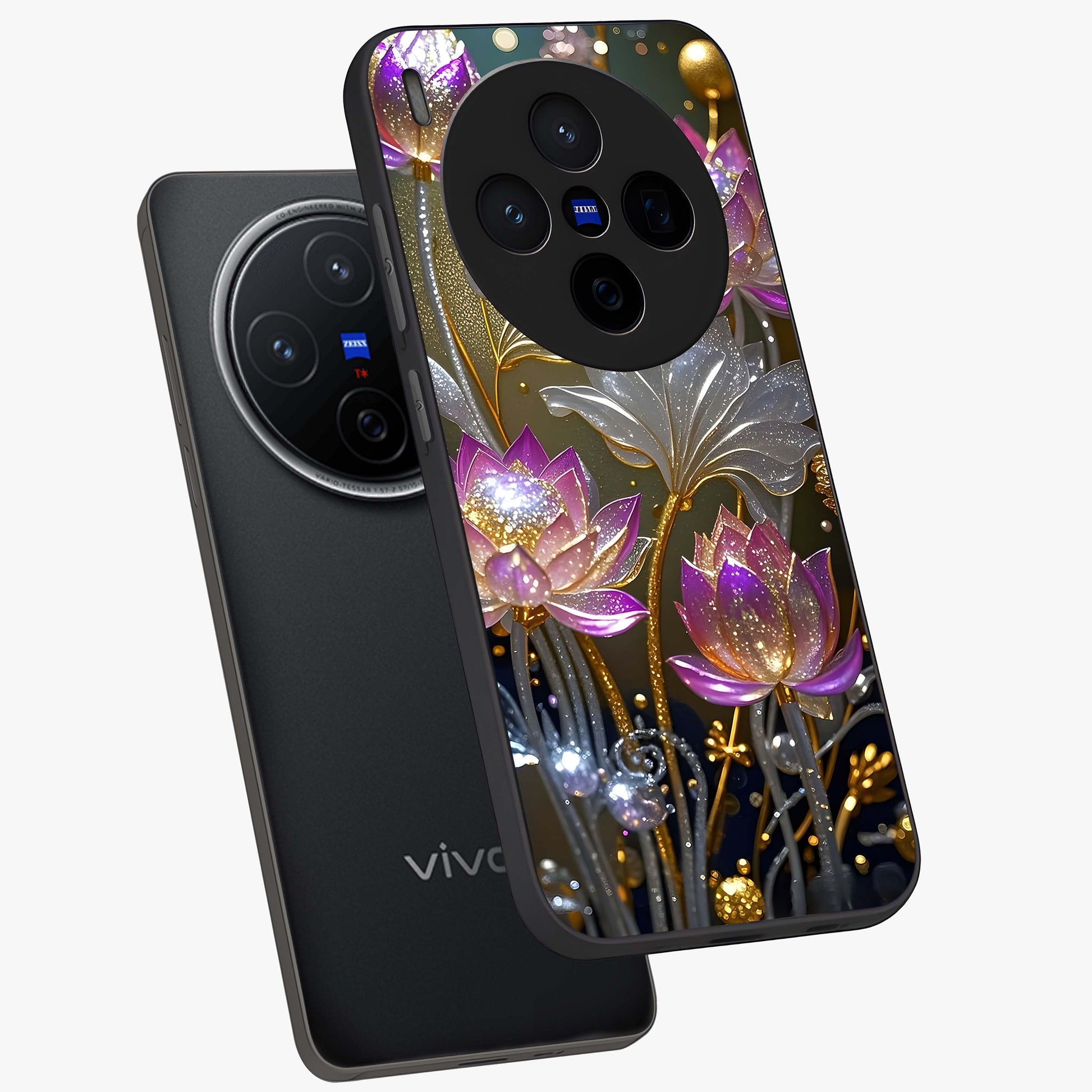Golden Floral Majesty Glass Case displayed in angled mockup highlighting elegant flower design with royal golden aesthetic.
