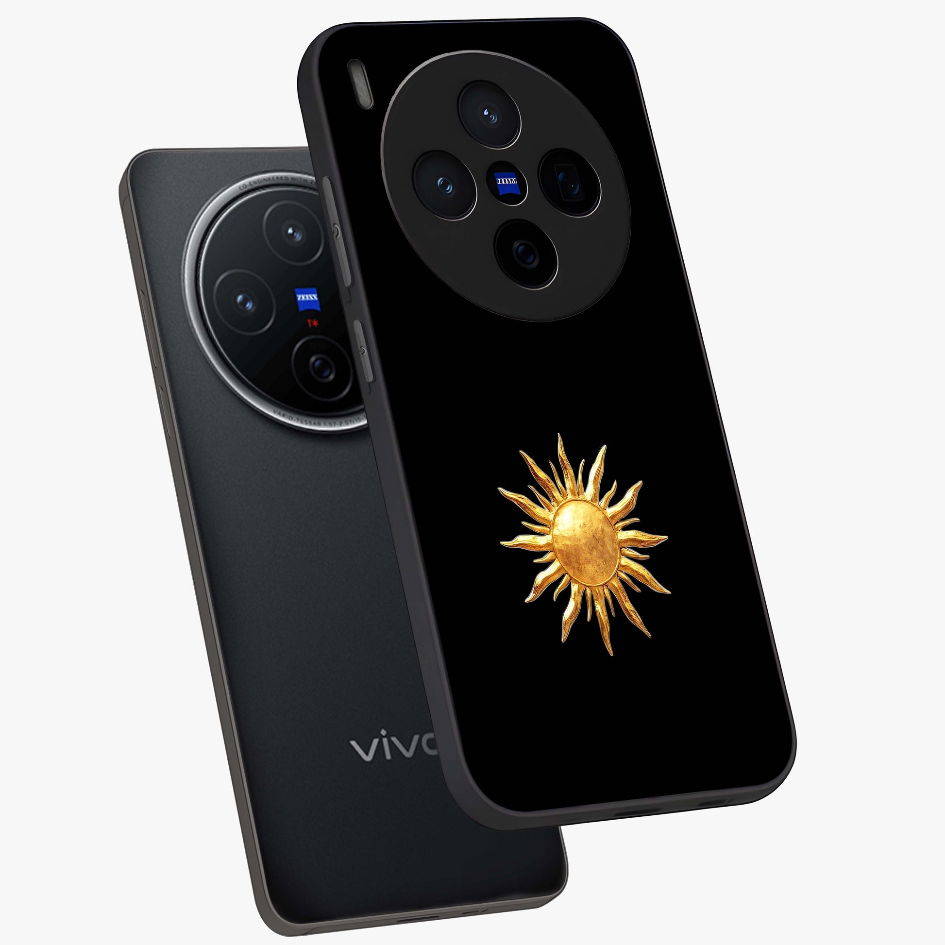 Golden Sun Minimalism Glass Case displayed in angled mockup highlighting eerie shadow illustration with gothic aesthetic.