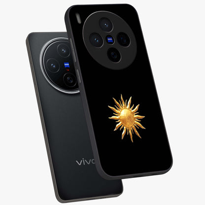Golden Sun Minimalism Glass Case displayed in angled mockup highlighting eerie shadow illustration with gothic aesthetic.
