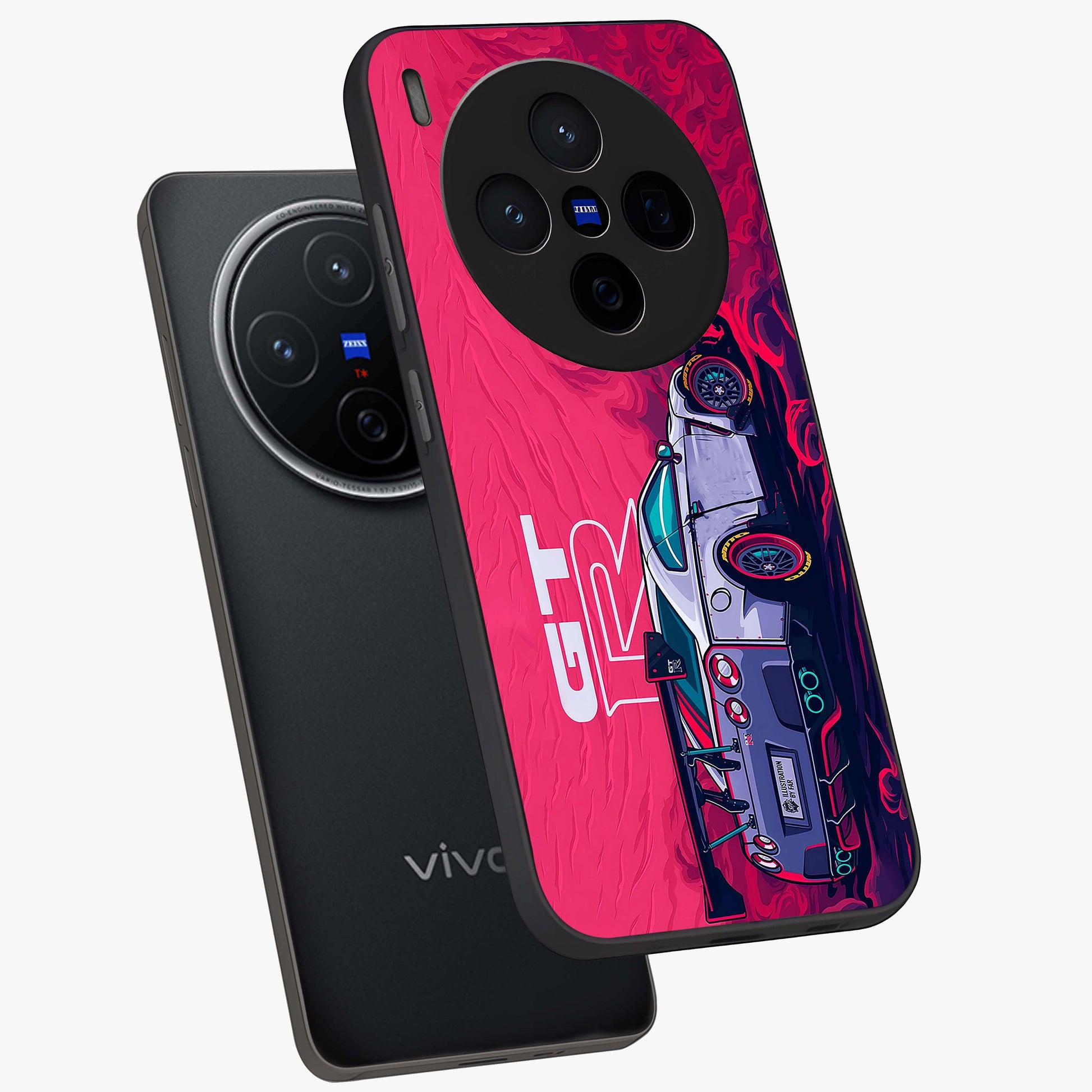 GT-R Car Pattern Glass Case displayed in angled mockup highlighting racing car graphic design with bold automotive aesthetic.