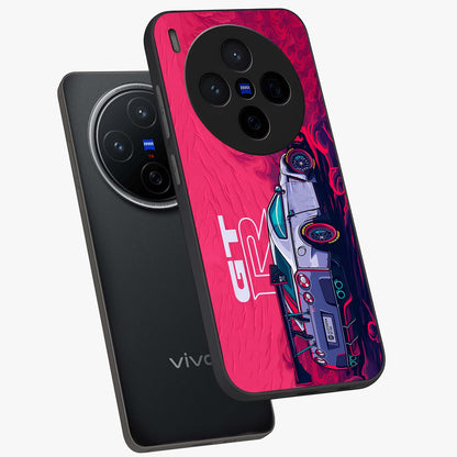 GT-R Car Pattern Glass Case displayed in angled mockup highlighting racing car graphic design with bold automotive aesthetic.