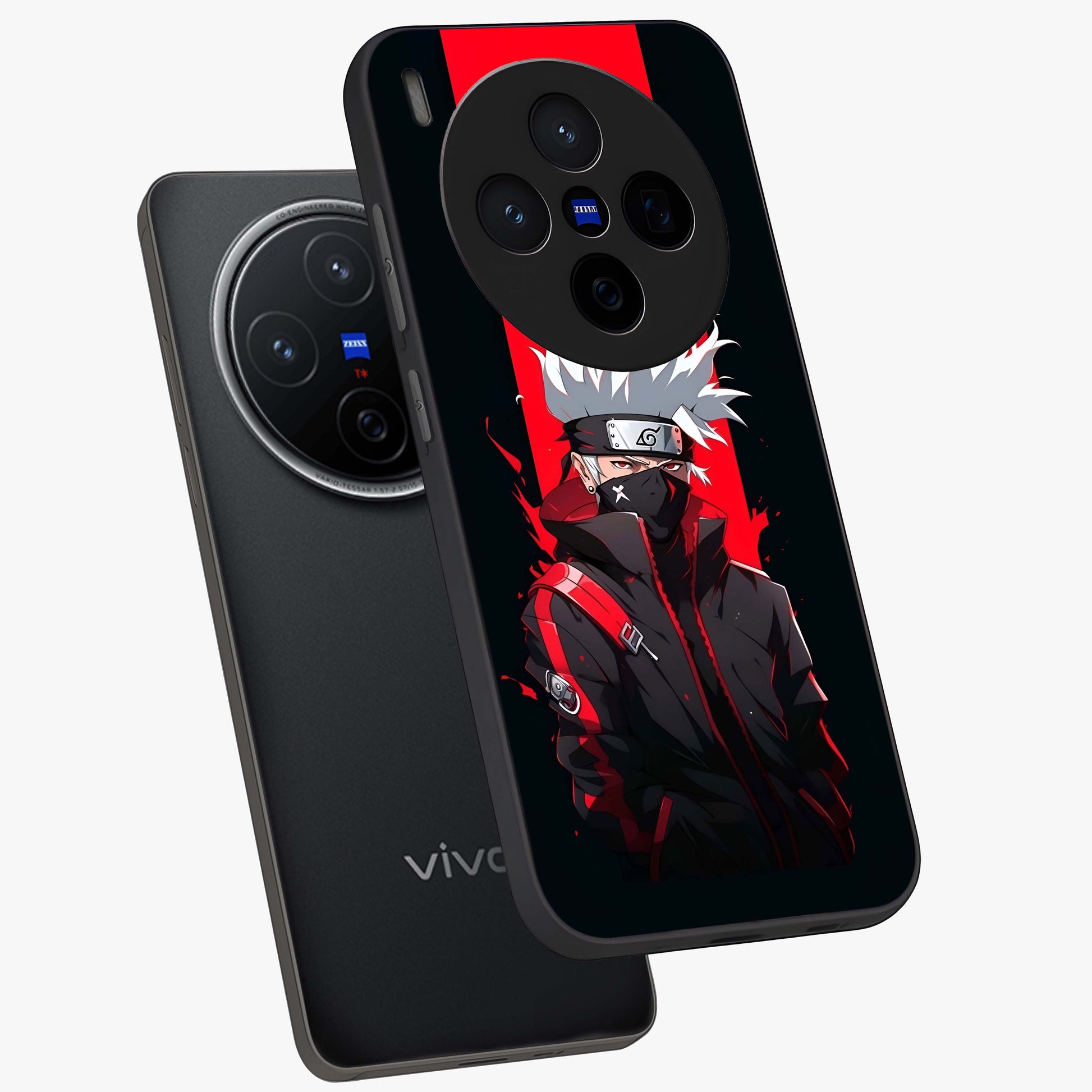 Kakashi Scarlet Shadow Glass Case displayed in angled mockup highlighting dramatic ninja illustration with scarlet themed aesthetic.