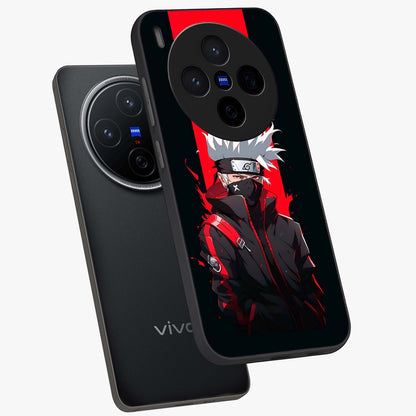 Kakashi Scarlet Shadow Glass Case displayed in angled mockup highlighting dramatic ninja illustration with scarlet themed aesthetic.
