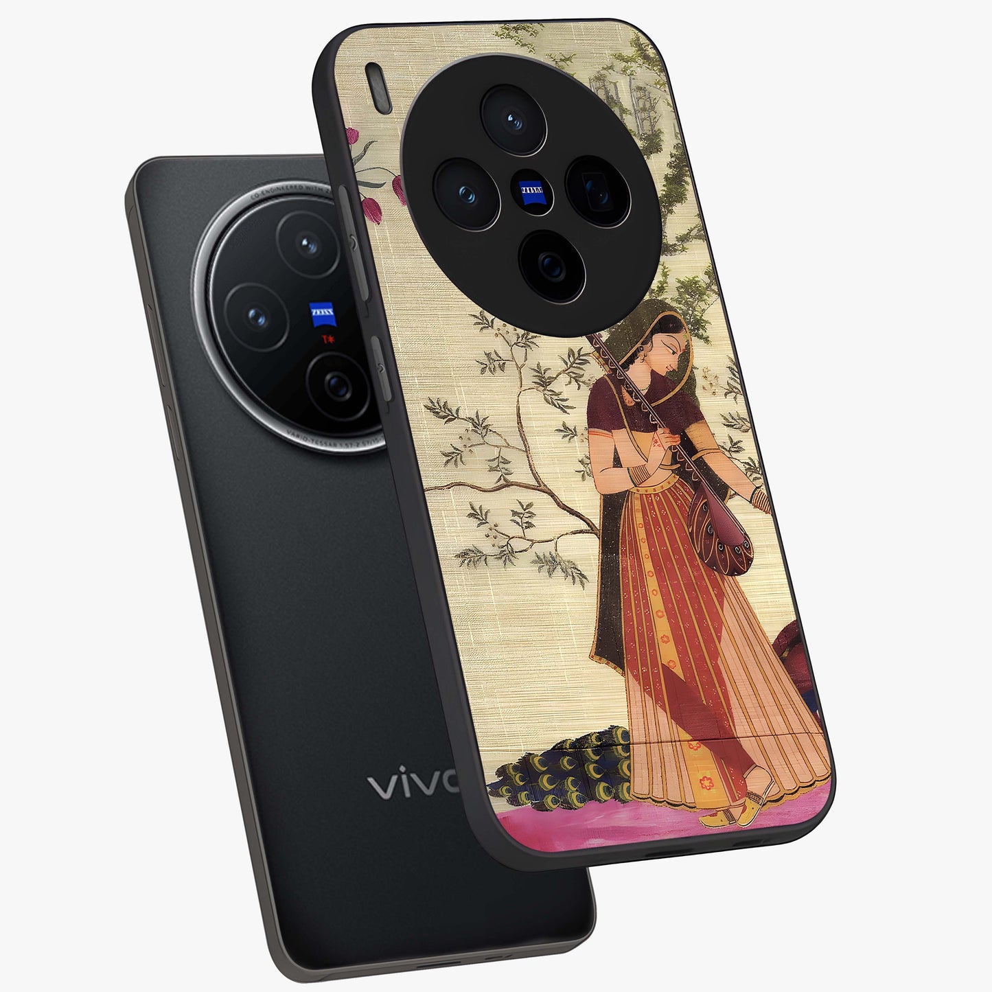 Lady With Veena Art Glass Case displayed in angled mockup highlighting graceful musical illustration with cultural artistic aesthetic.