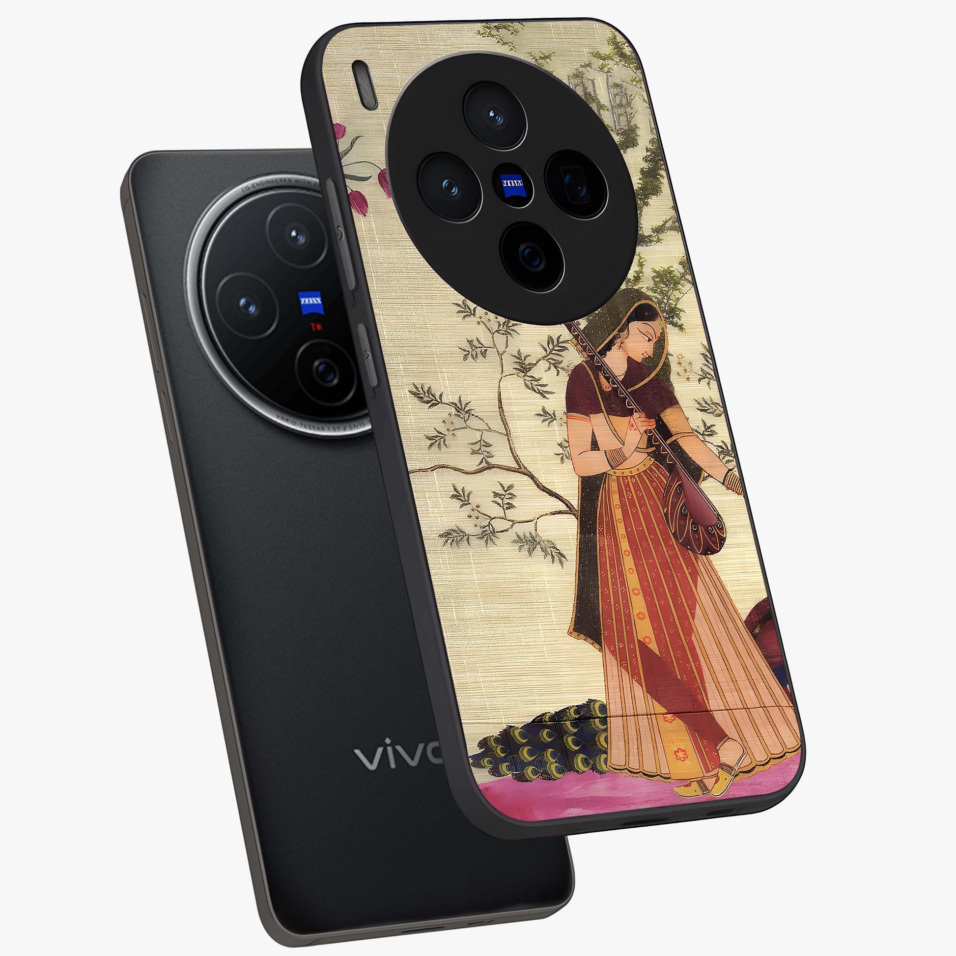 Lady With Veena Art Glass Case displayed in angled mockup highlighting graceful musical illustration with cultural artistic aesthetic.