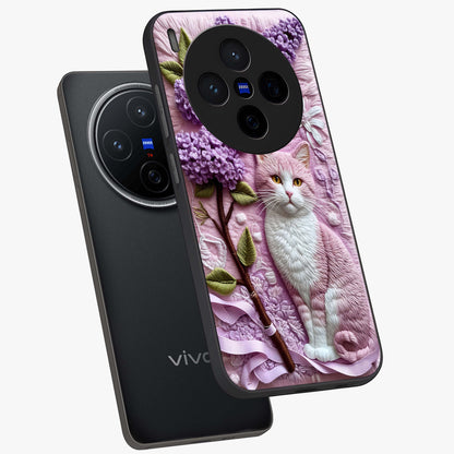 Lavender Cat Whimsy Glass Case displayed in angled mockup highlighting playful feline illustration with pastel lavender aesthetic.