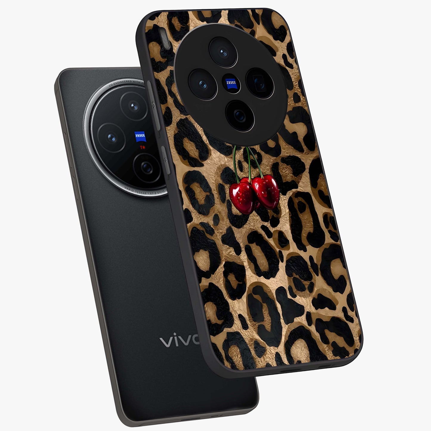 Leopard Wild Cherry Glass Case displayed in angled mockup highlighting bold animal print design with playful cherry aesthetic.