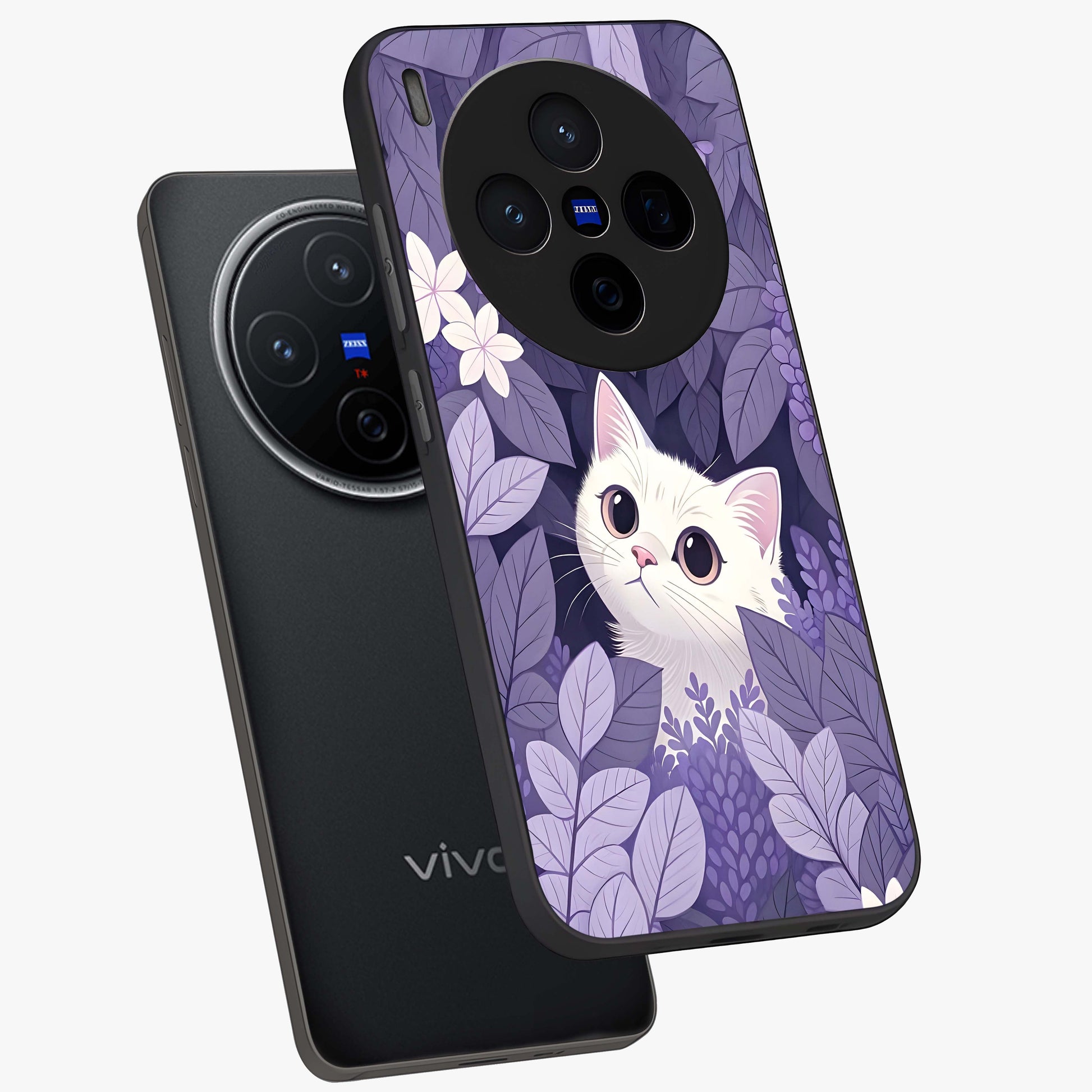 Lilac Hide Peek Cat Glass Case displayed in angled mockup highlighting playful feline illustration with lilac aesthetic design.