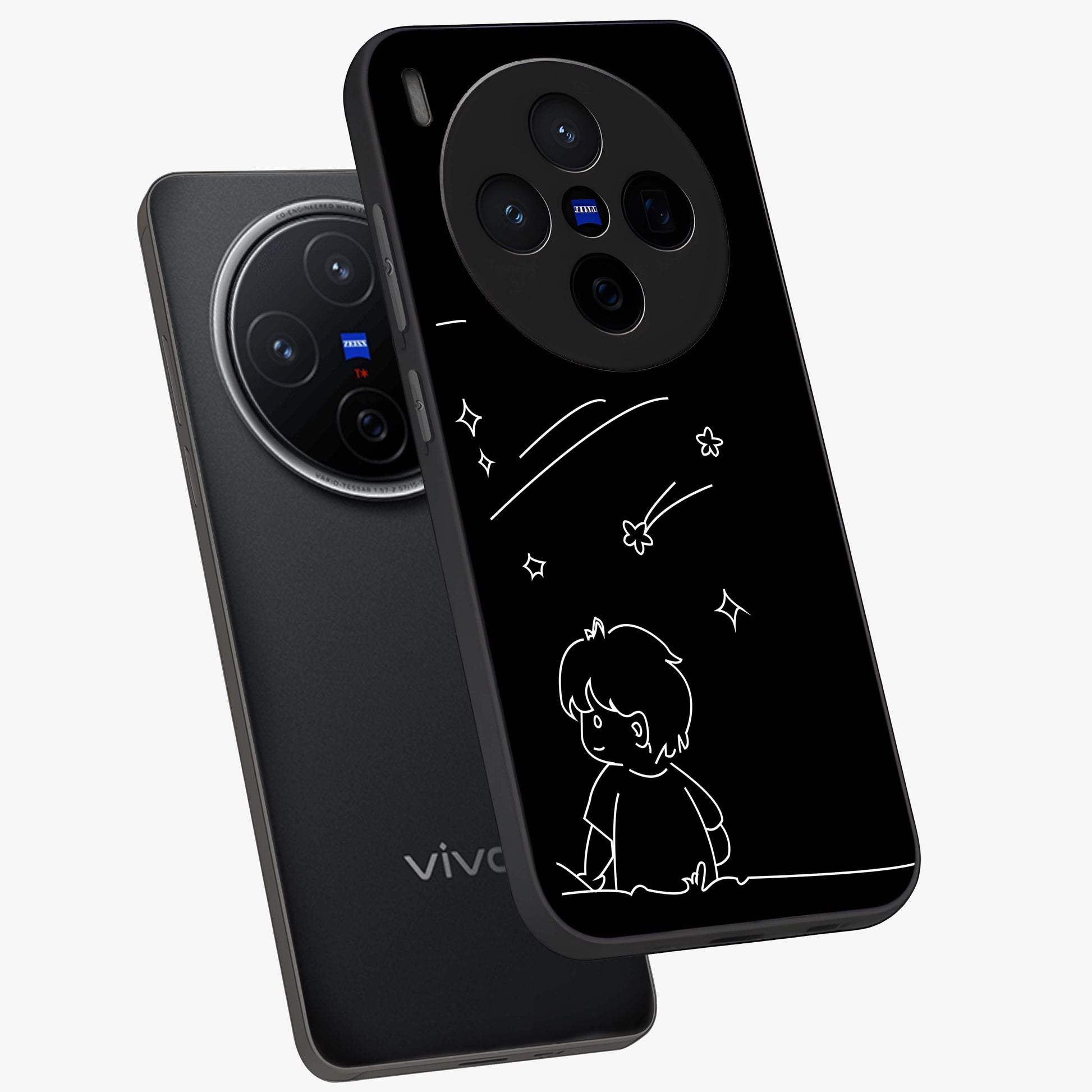 Line Art Boy With Shooting Stars Glass Case displayed in angled mockup highlighting elegant line art design with dreamy star aesthetic.