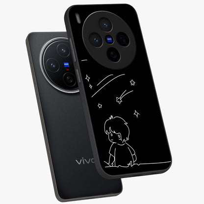 Line Art Boy With Shooting Stars Glass Case displayed in angled mockup highlighting elegant line art design with dreamy star aesthetic.