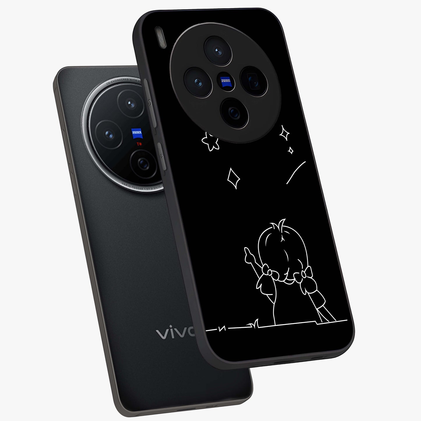 Line Art Girl With Shooting Stars Glass Case displayed in angled mockup highlighting elegant line art design with dreamy star aesthetic.