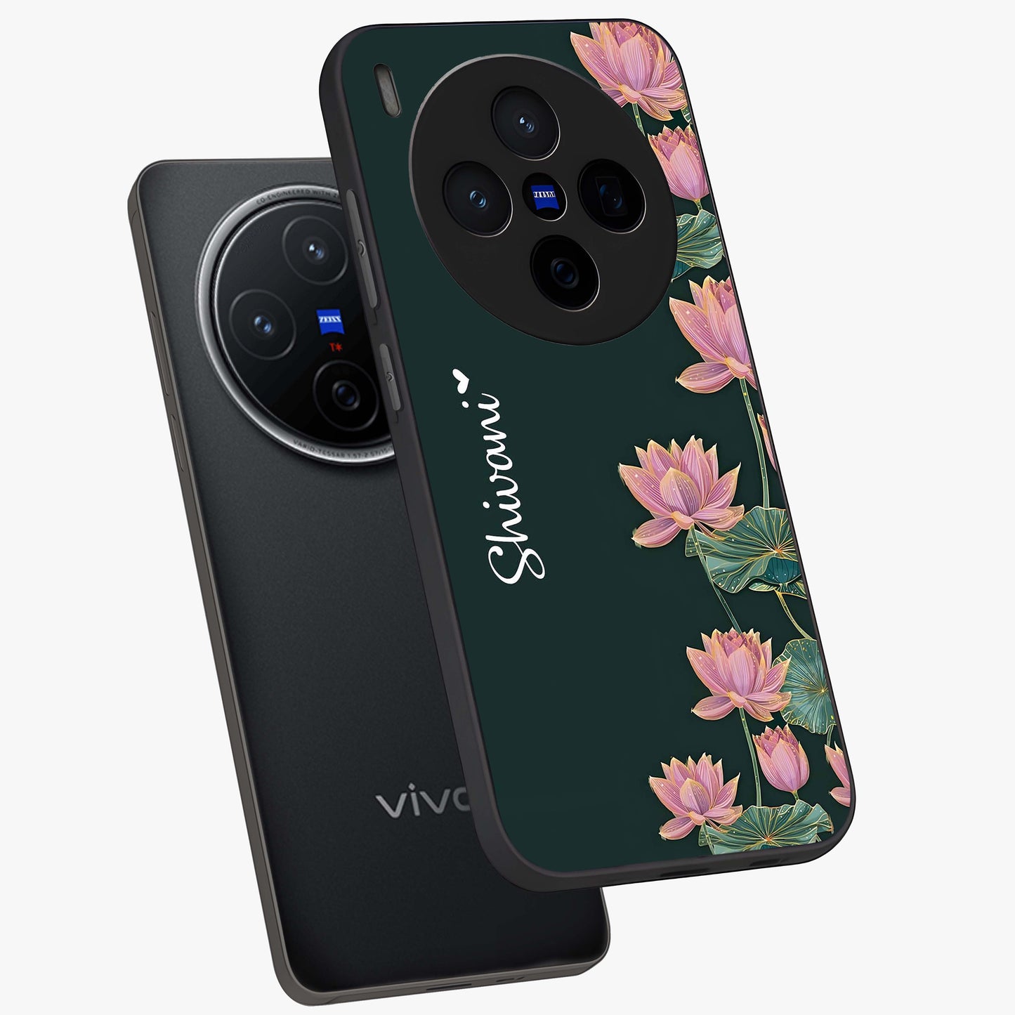 Lotus Bloom Serenity Custom Name Glass Case displayed in angled mockup highlighting graceful lotus illustration with custom name feature.