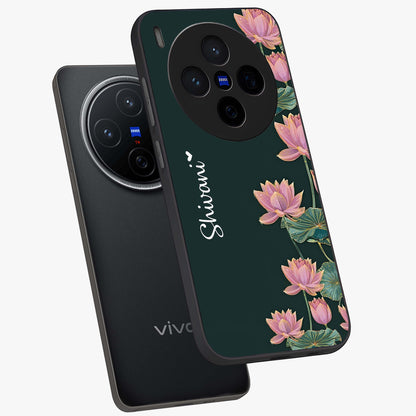 Lotus Bloom Serenity Custom Name Glass Case displayed in angled mockup highlighting graceful lotus illustration with custom name feature.