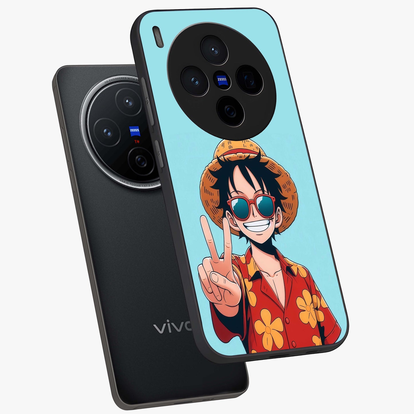 Luffy Summer Anime Vibe Glass Case displayed in angled mockup highlighting energetic anime illustration with summer vibe aesthetic.