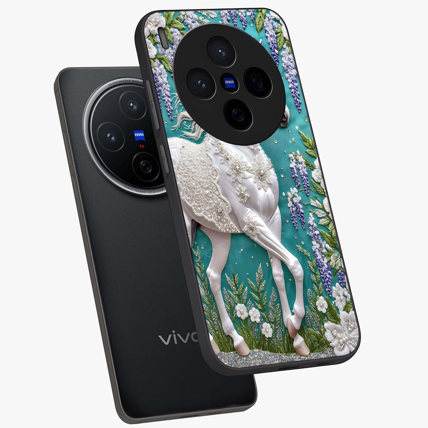 Majestic Floral Stallion Glass Case displayed in angled mockup highlighting majestic stallion illustration with elegant floral aesthetic.