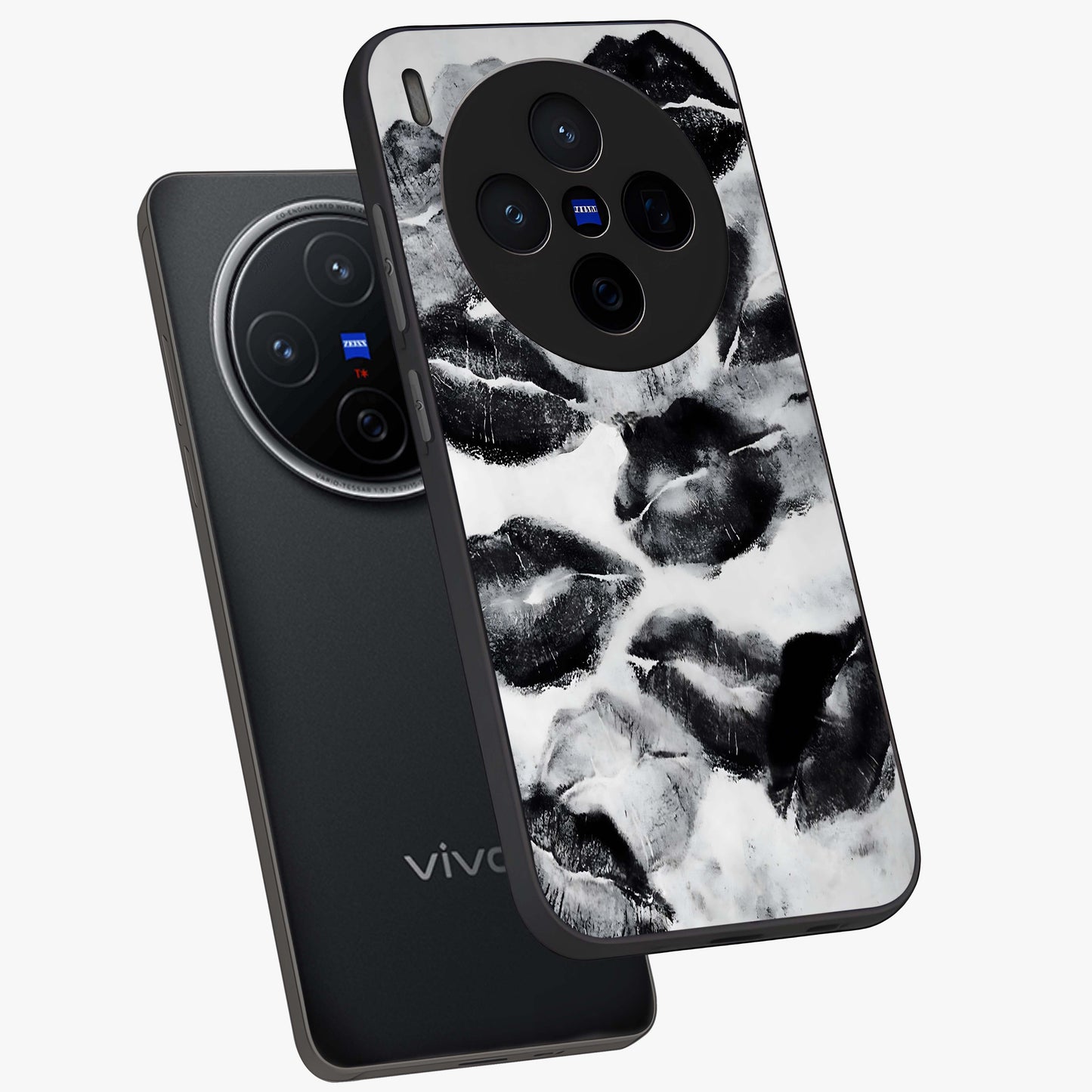 Midnight Kiss Marks Glass Case displayed in angled mockup highlighting playful romantic design with bold midnight aesthetic.