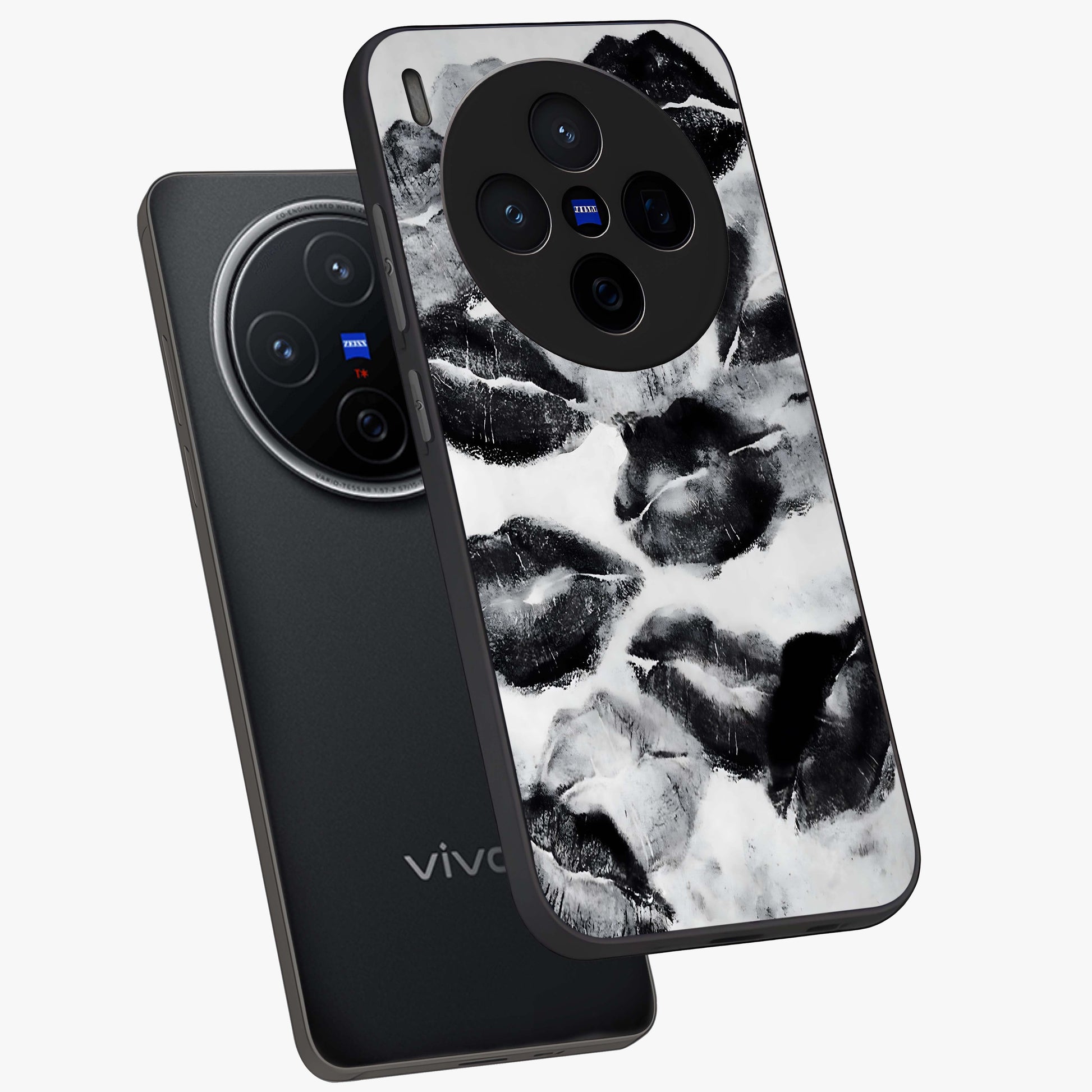 Midnight Kiss Marks Glass Case displayed in angled mockup highlighting playful romantic design with bold midnight aesthetic.