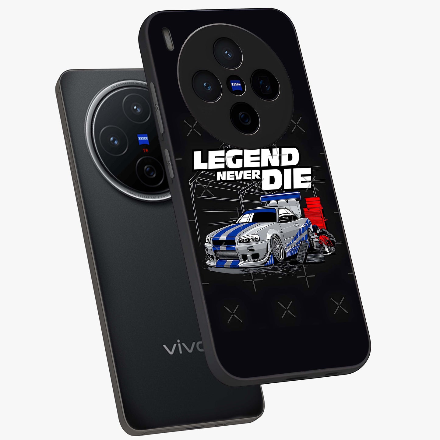 Midnight Racing Legacy Glass Case displayed in angled mockup highlighting dynamic automotive design with bold midnight aesthetic.