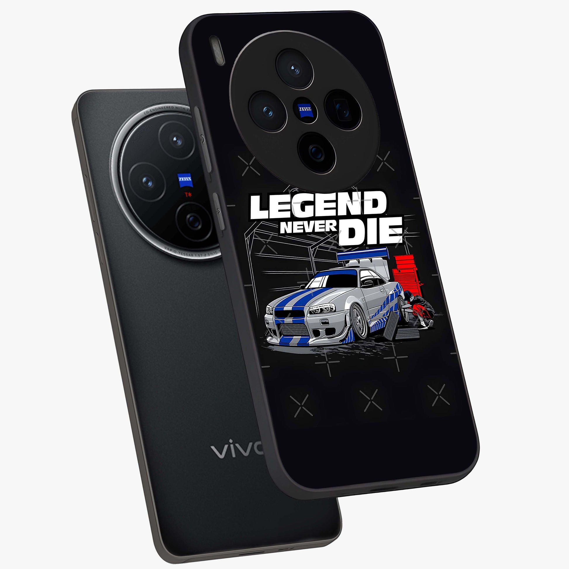 Midnight Racing Legacy Glass Case displayed in angled mockup highlighting dynamic automotive design with bold midnight aesthetic.