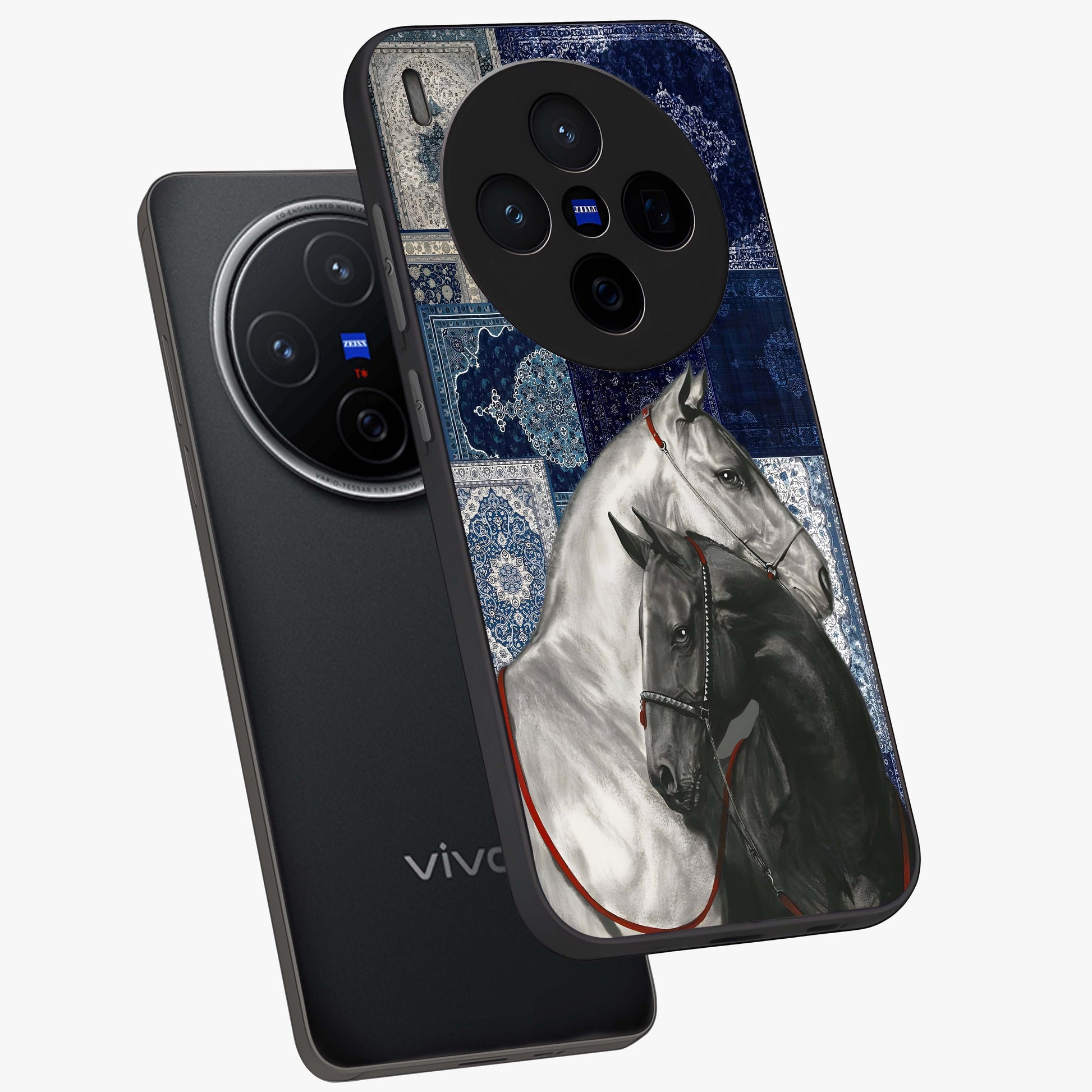 Midnight Stallion Blues Glass Case displayed in angled mockup highlighting powerful stallion illustration with deep midnight tones.