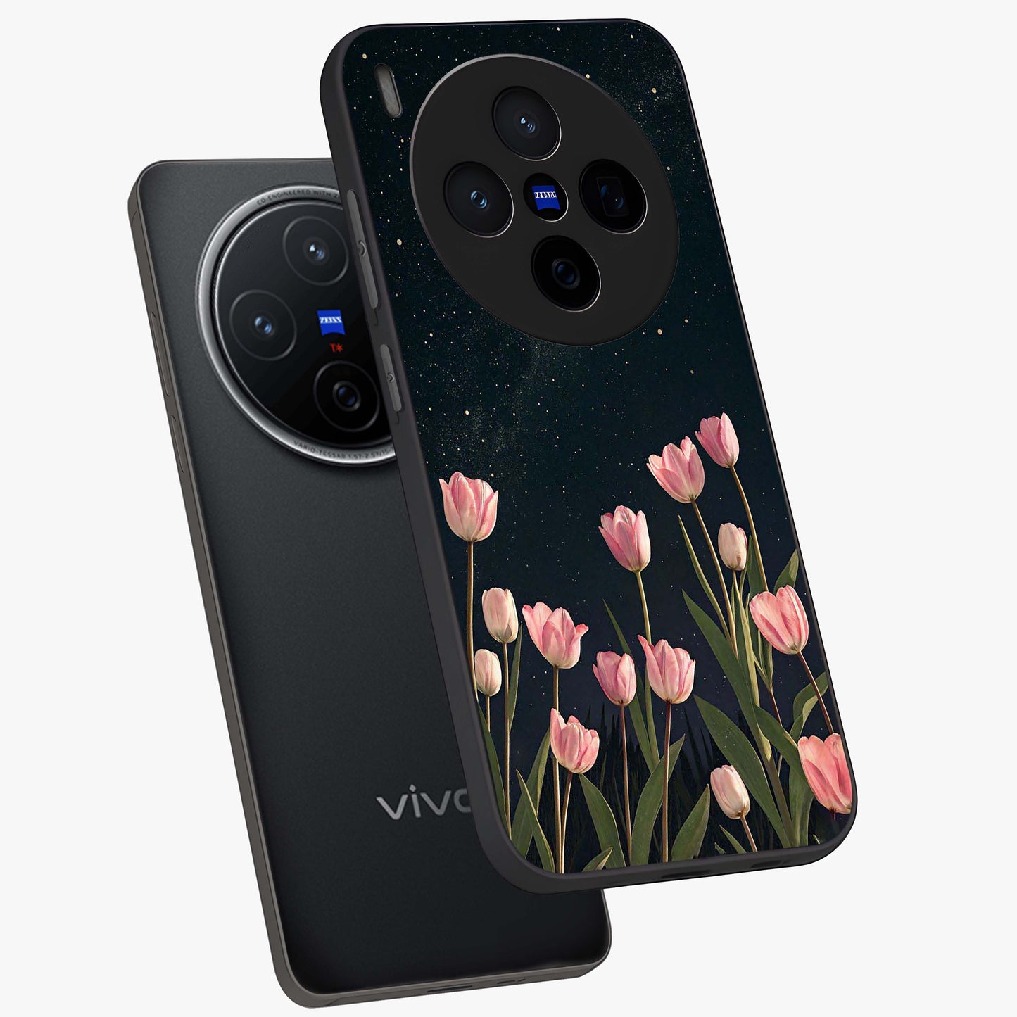 Midnight Tulip Whispers Vibe Glass Case displayed in angled mockup highlighting delicate tulip design with midnight floral aesthetic.