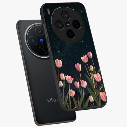 Midnight Tulip Whispers Vibe Glass Case displayed in angled mockup highlighting delicate tulip design with midnight floral aesthetic.