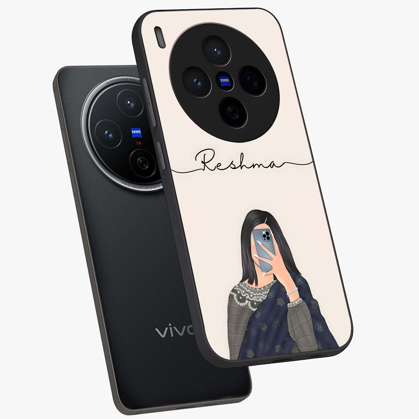 Mirror Mood Muse With Custom Name Glass Case displayed in angled mockup highlighting aesthetic mirror inspired design with custom name feature.