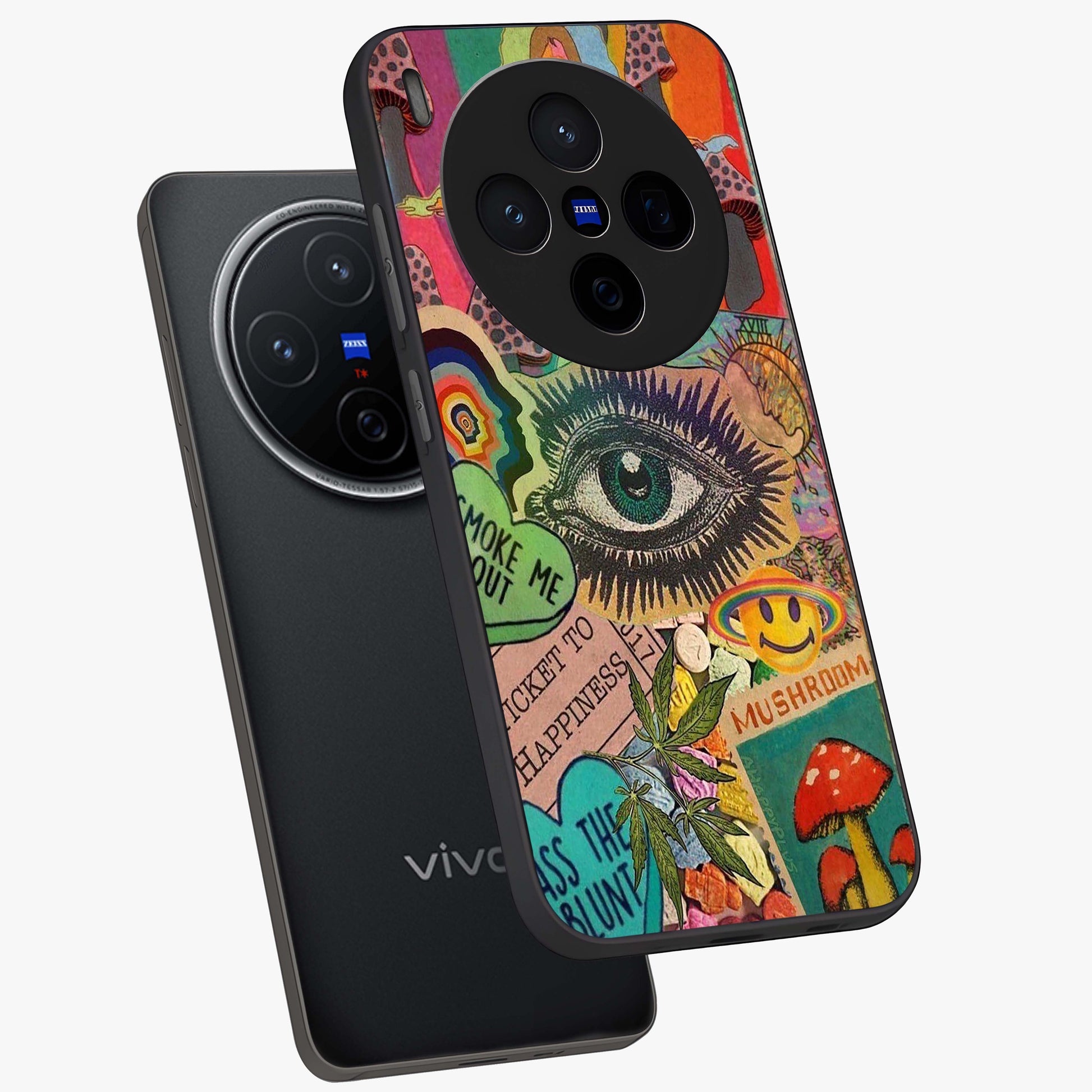 Mystic Eye Wonderland Glass Case displayed in angled mockup highlighting magical eye illustration with dreamy aesthetic.